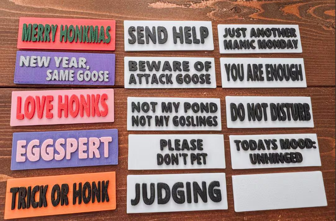 Collection of humorous and playful signs for the desk goose
